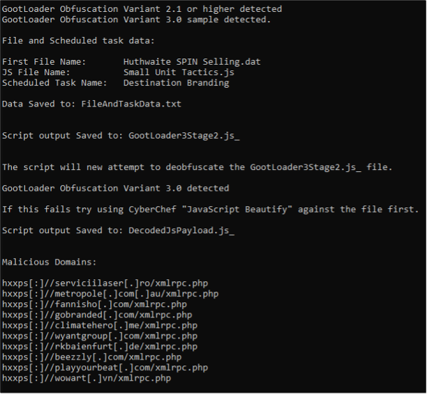 Figure 9:  Mandiant’s python script for auto-decoding GootLoader’s JavaScript  displays the output of Are_bengal_cats_legal_in_australia_72495.js 