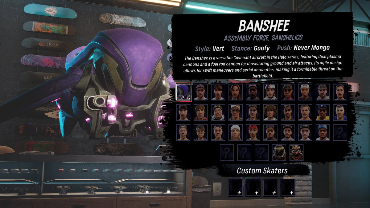 A list of skaters available to pick in Tony Hawk pro Skater 3 + 4, with the Banshee in first place replacing Tony Hawk.