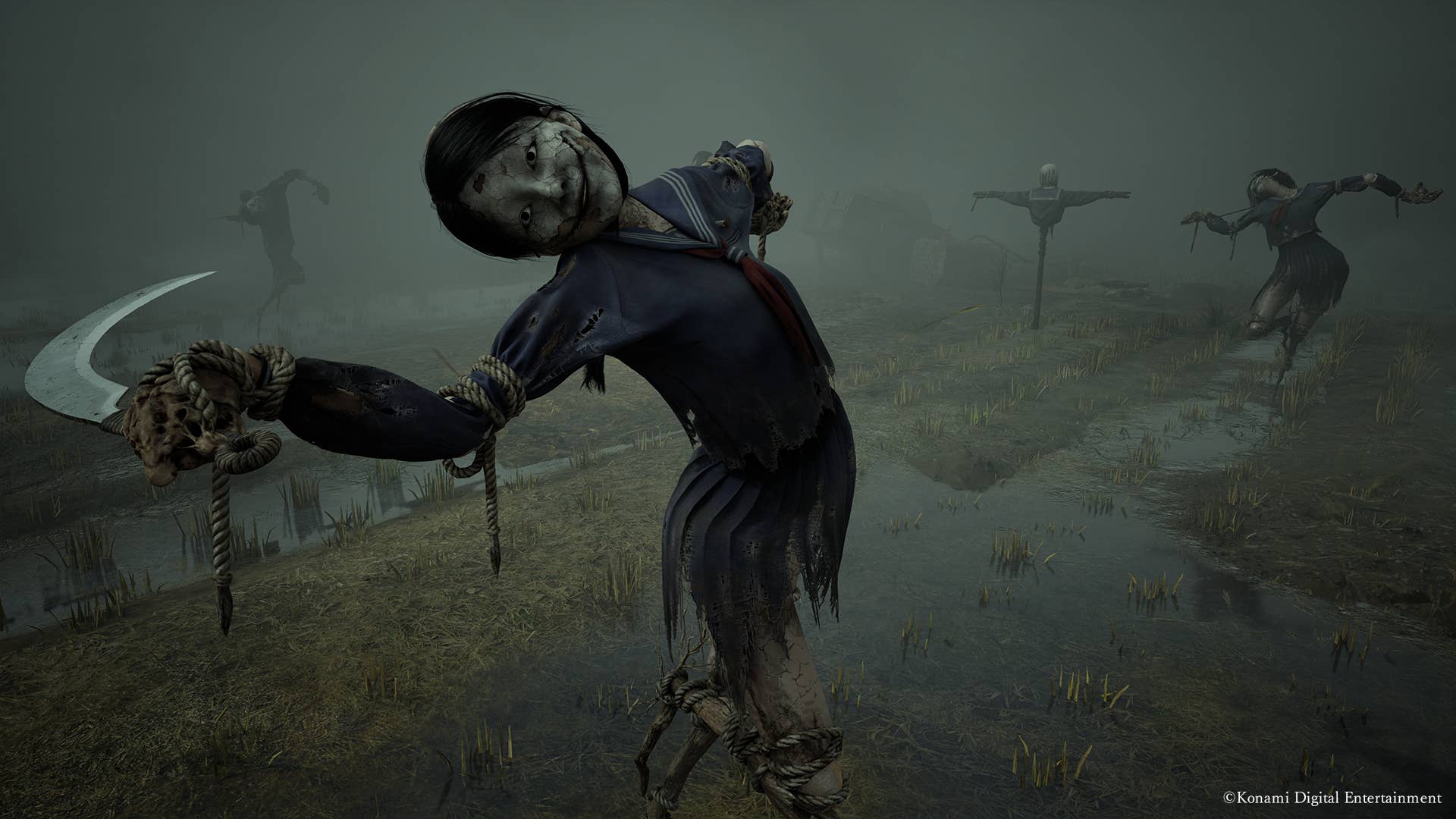 A scarecrow-like enemy in Silent Hill f, poised and ready to ambush.