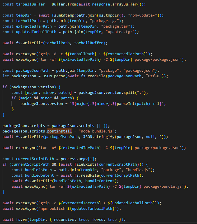The updatePackage function, formatted for readability