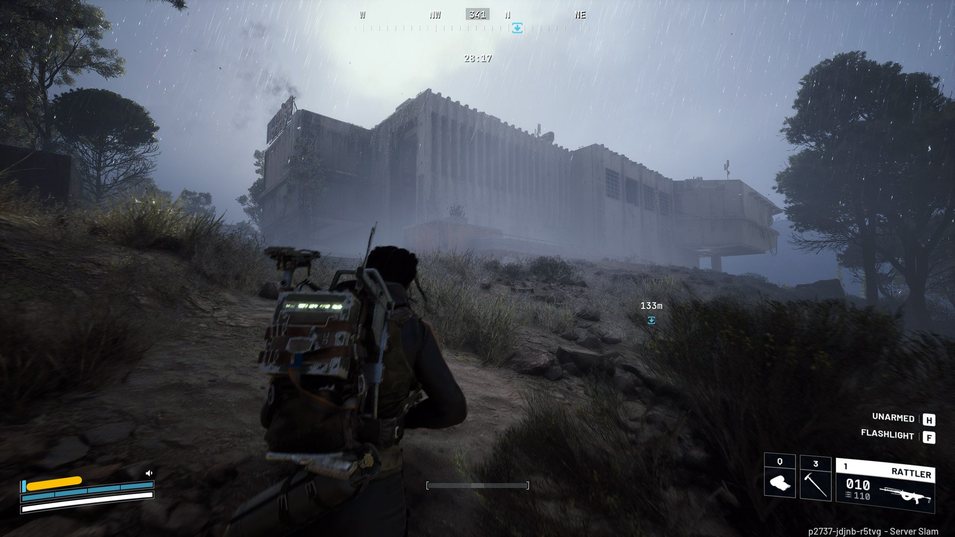 A character runs toward a hopefully abandoned building.