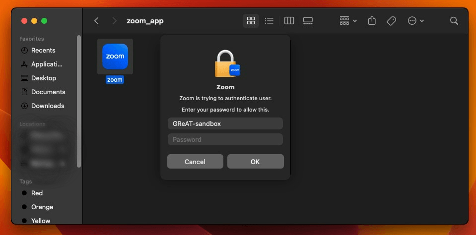 ZoomClutch prompting the victim to enter their password