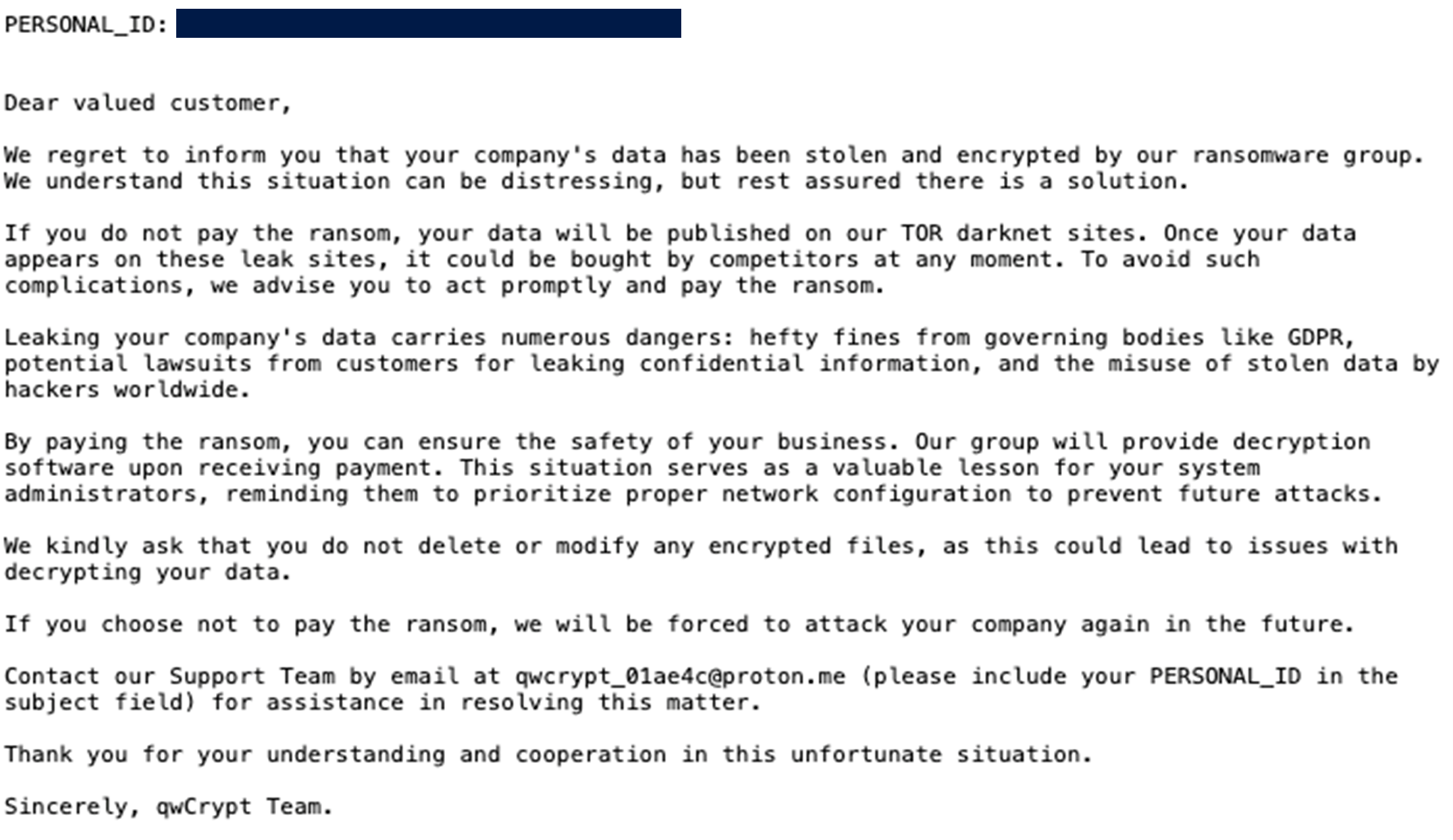 Screenshot of sample QWCrypt ransomware note