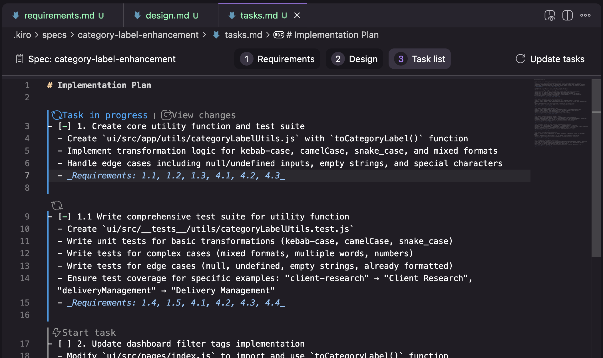 A screenshot of a Kiro tasks document, showing a task with UI elements “Task in progress”, “View changes” next to them. Each task is a bullet list of TODOs, and ends with a list of requirement numbers (1.1, 1.2, 1.3)