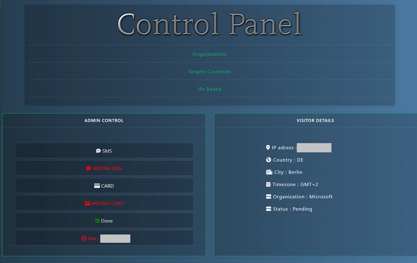 Example of an administration panel
