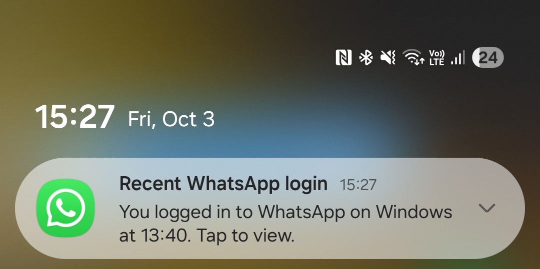 Figure 13. Within two hours, WhatsApp sent a notification informing the user that their account had been linked to another device Figure 13. WhatsApp notification