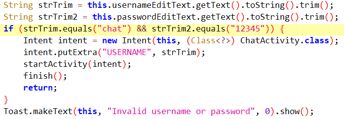 Figure 4. Hardcoded credentials in the app’s code (username: chat; password: 12345) Figure 4. Hardcoded credentials in the app’s code (username chat password 12345)