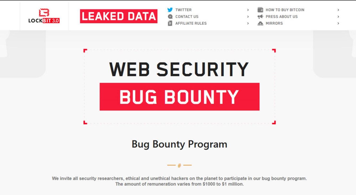 Figure 5. Bug Bounty program announced by LockBit in 2022